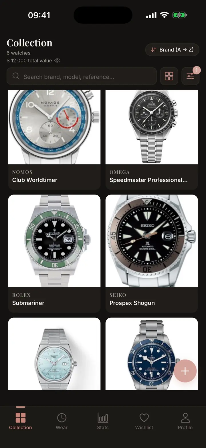 Lugs collection grid showing saved watches and collection value