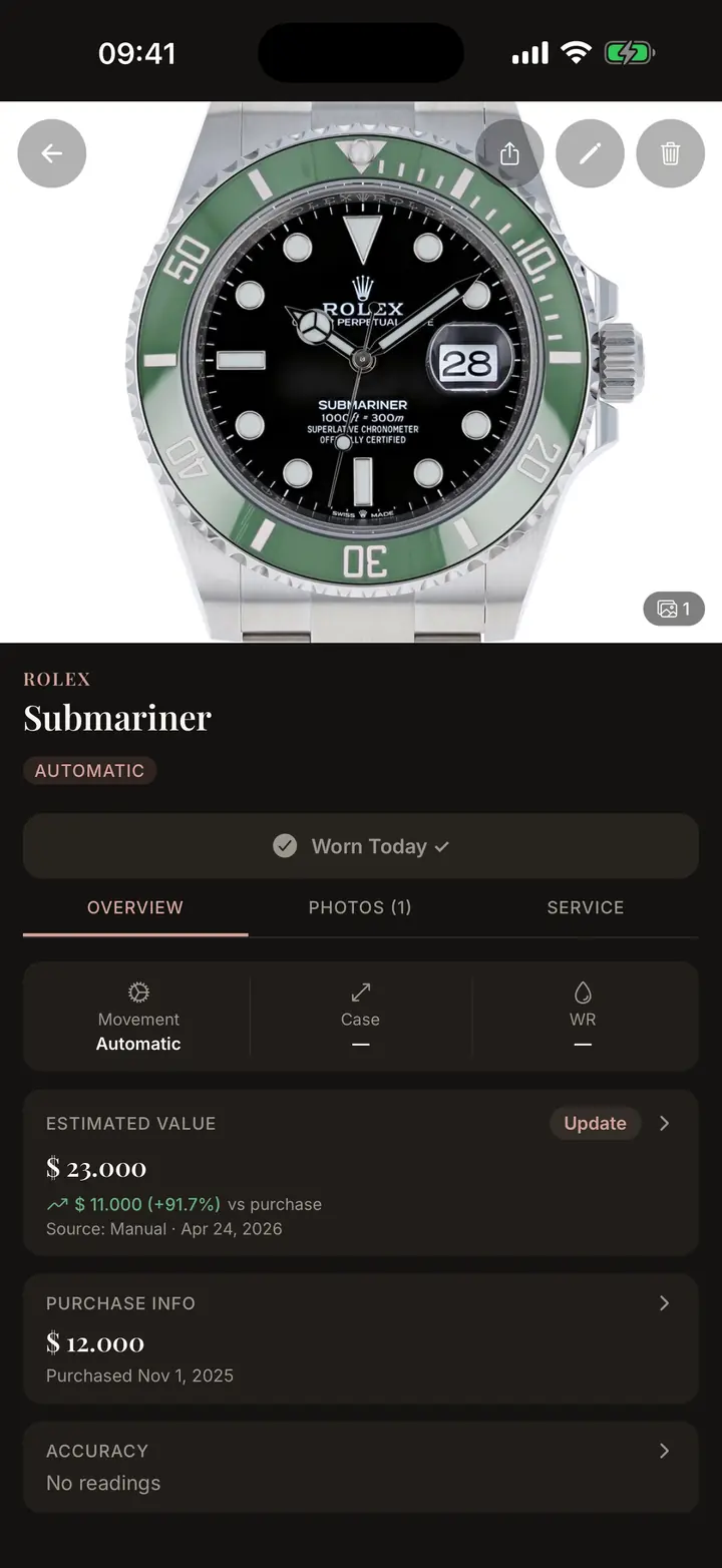 Lugs value screen showing current value and gain or loss