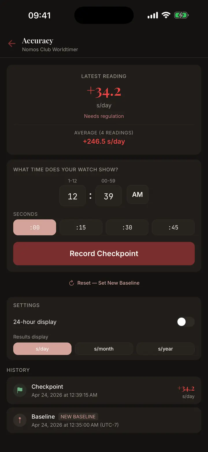 Lugs timing notes screen showing daily rate history