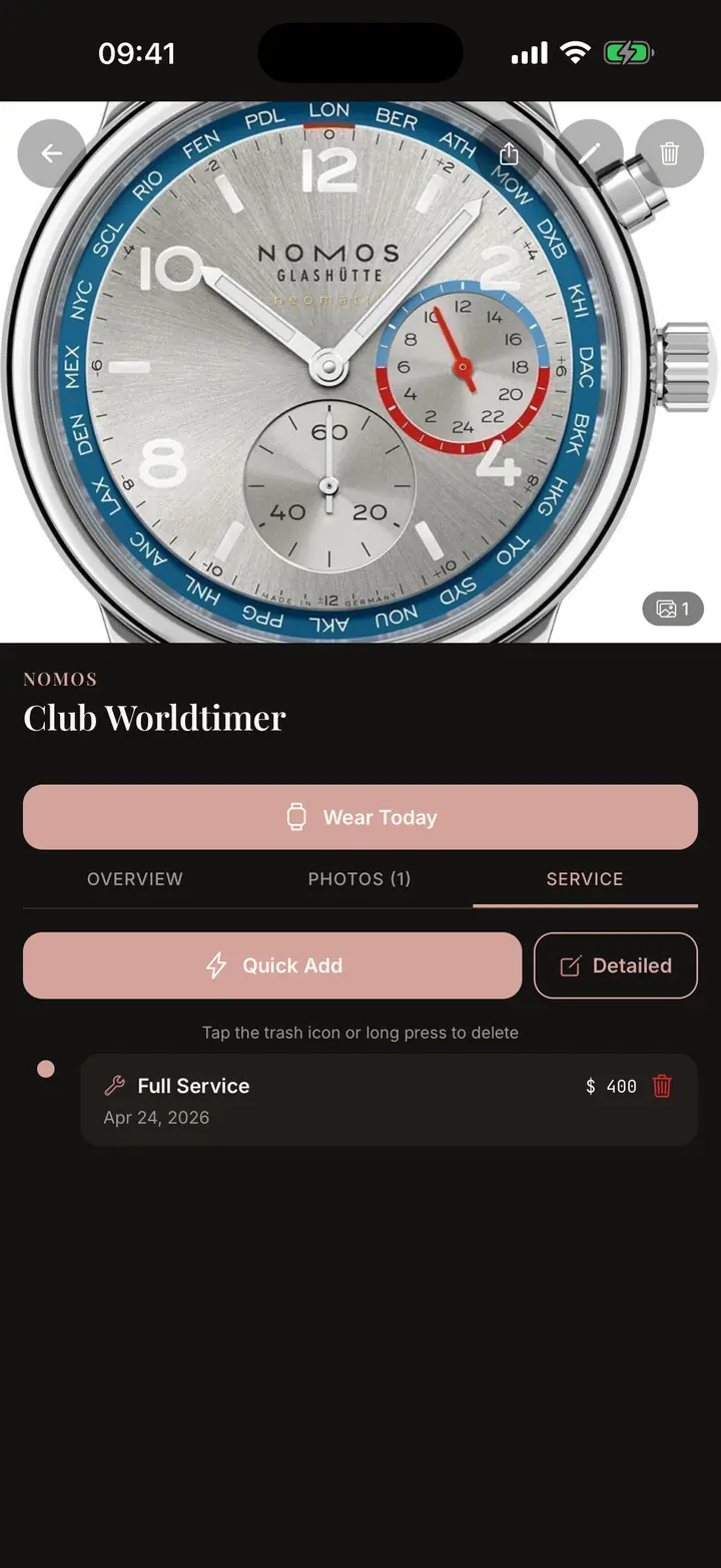 Lugs service screen showing watch maintenance records